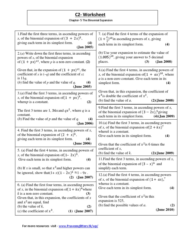 worksheet Binomial Theorem Worksheet c2 binomial expansion assignment with answers mathematical analysis mathematics