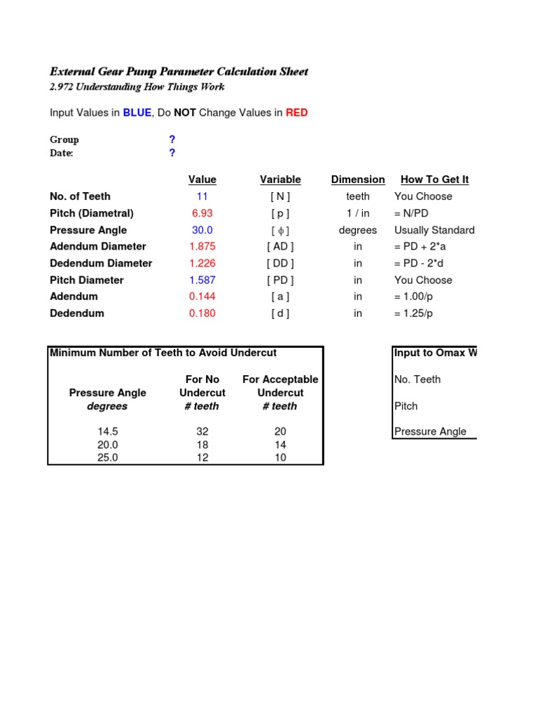 Gear Pump Design Sheet PDF