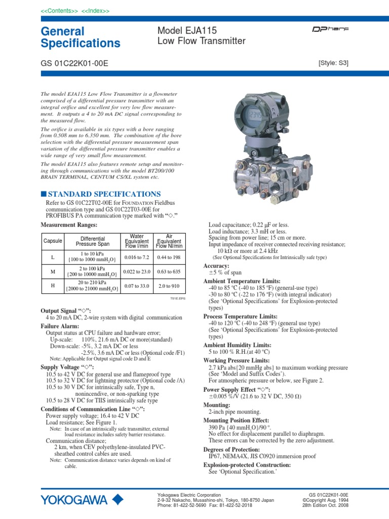 Yokogawa Low Flow Transmitter Eja115 Gs 28 | Pressure Measurement ...