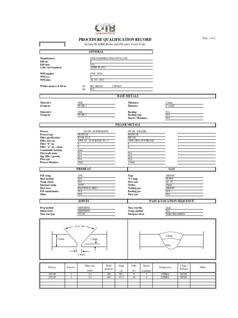PQR for GTAW Welding in Excel | PDF