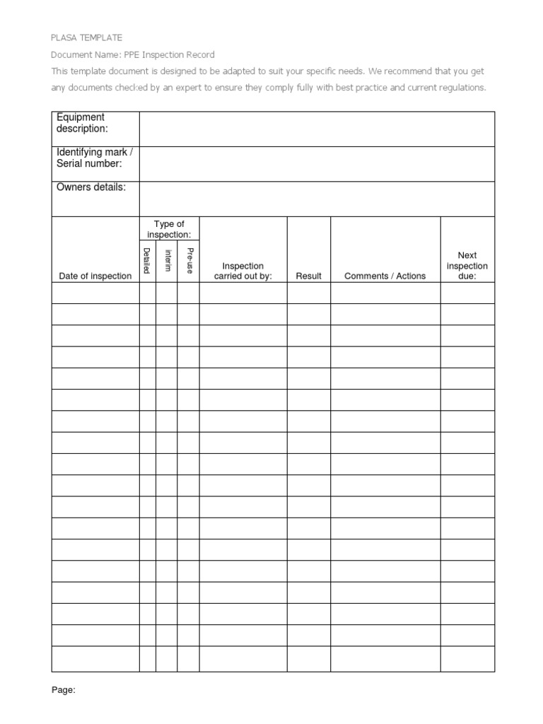 Master Template PPE Inspection Record PDF Computers