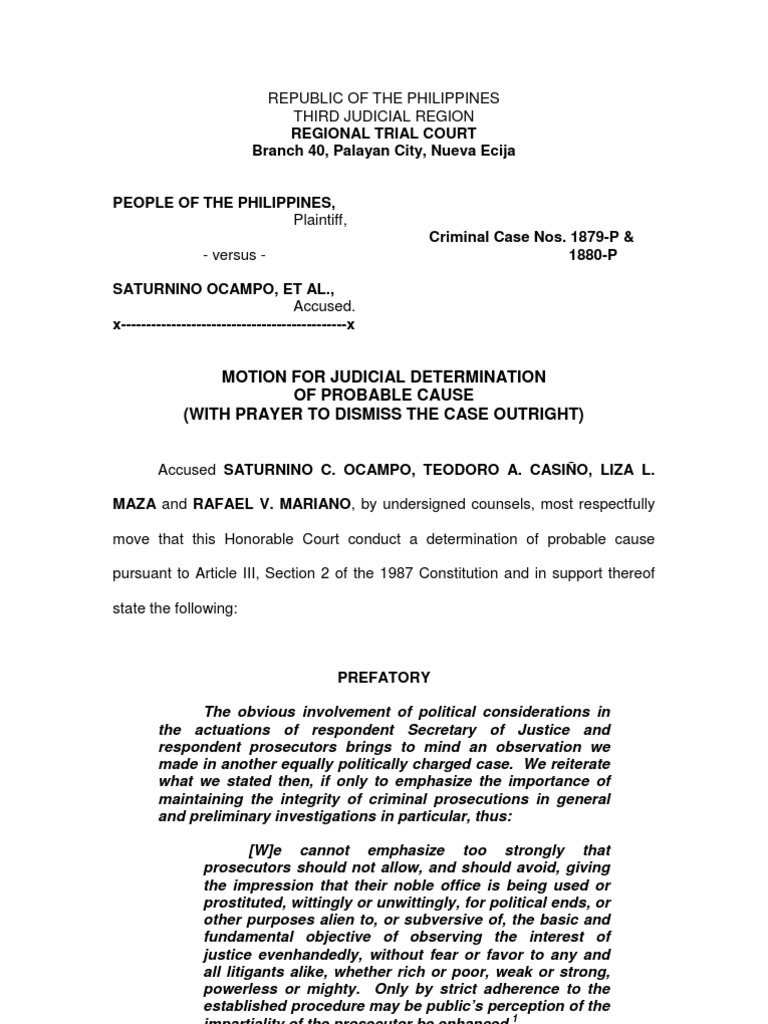 Motion for Judicial Determination of Probable Cause RE Palayan Case