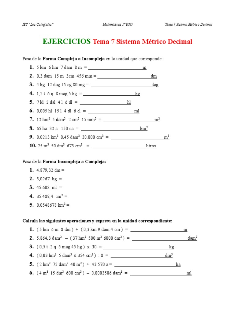 Tema 7 Ejercicios Del Sistema Metrico Decimal Cantidades Fisicas Referencia