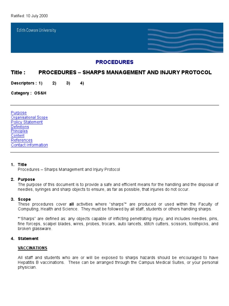 PROCEDURES SHARPS MANAGEMENT AND INJURY PROTOCOL Health Sciences