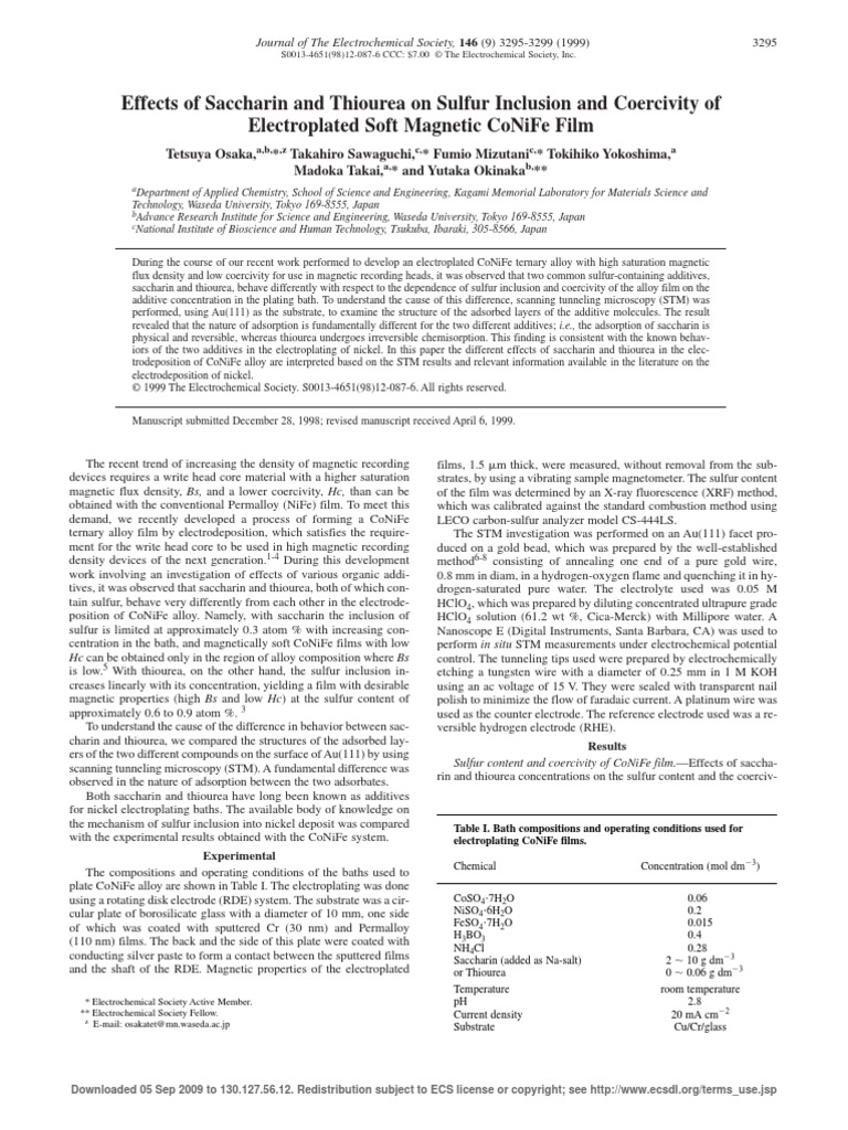 Effects of Saccharin and Thiourea On Sulfur Inclusion and C PDF