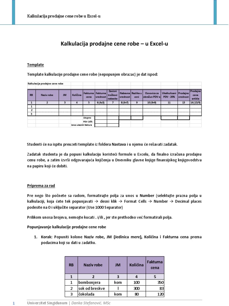 Uputstvo Za Izradu Kalkulacije Prodajne Cene Robe | PDF
