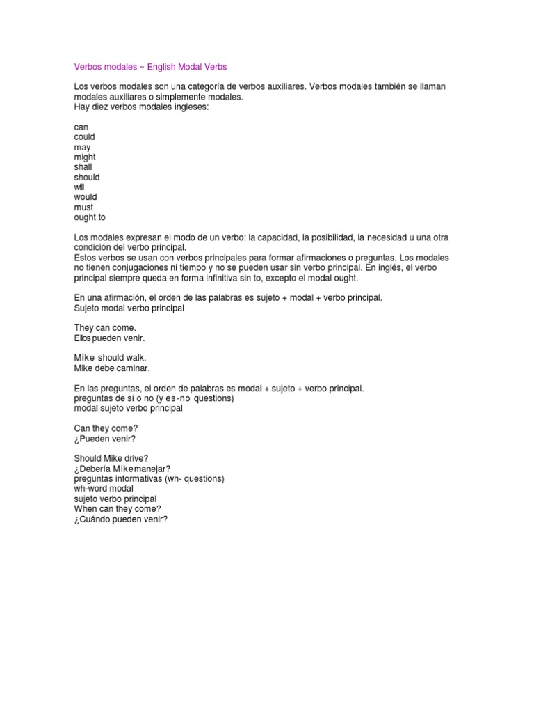 Verbos Modales en Inglés: Estructura y Uso | PDF | Verbo | Asunto ...