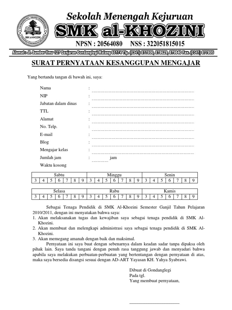 Surat Pernyataan Kesanggupan Mengajar