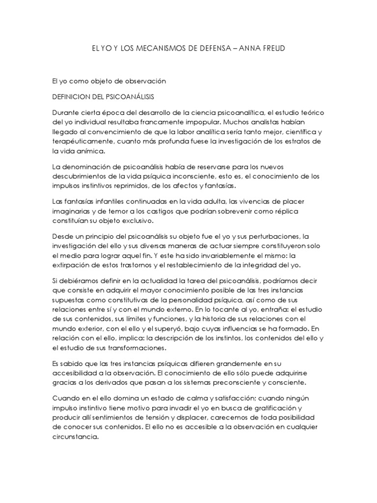 Anna Freud El Yo y Los Mecanismos de Defensa | PDF | Carné de identidad ...