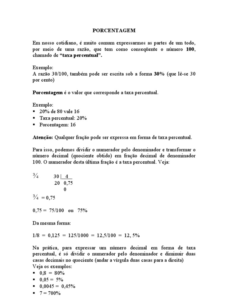 Conceitos e Cálculos de Porcentagem | PDF | Percentagem | Fração ...