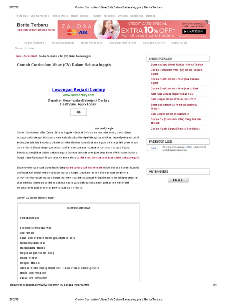 Contoh Curriculum Vitae (CV) Dalam Bahasa Inggris _ Berita ...