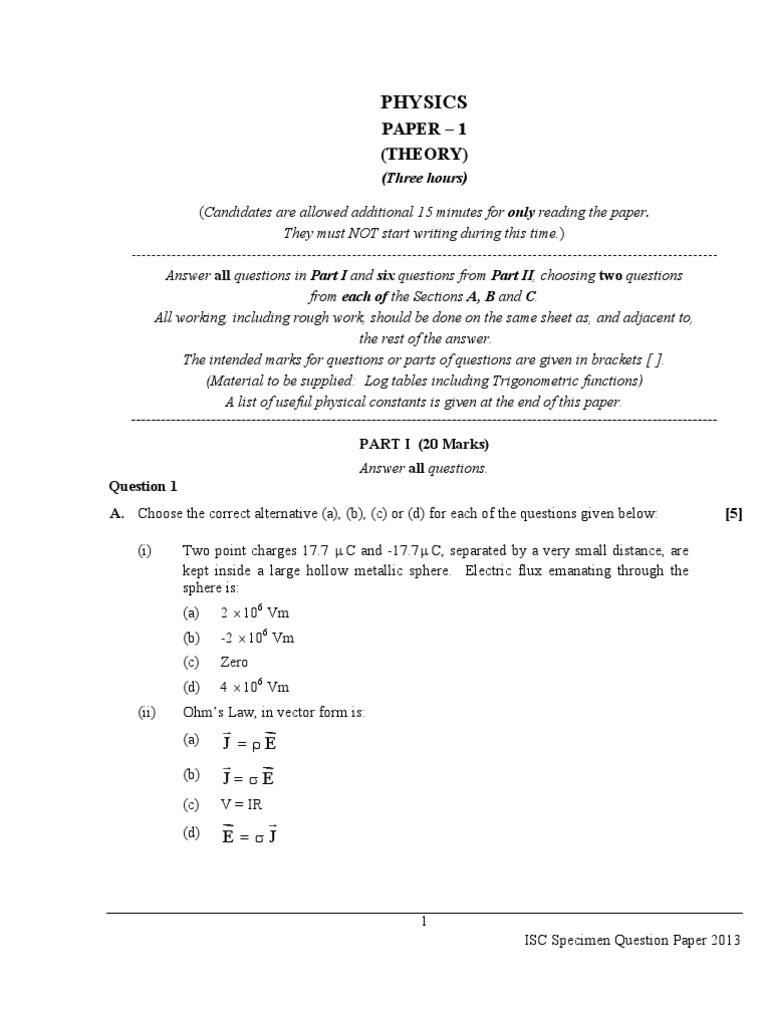Physics XII ISC Sample Paper | PDF | Lens (Optics) | Applied And ...