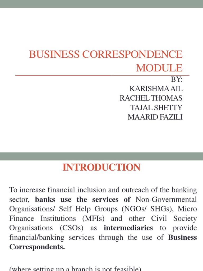 Business Correspondence Module PDF Microfinance Financial Inclusion