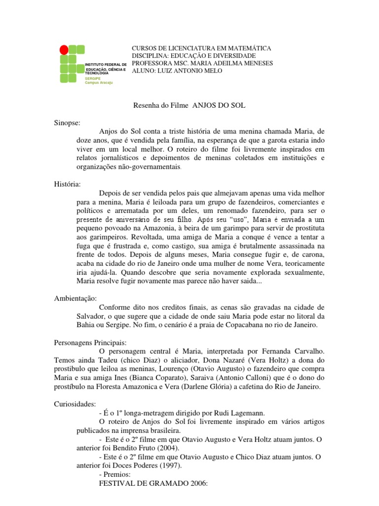 Resenha Do Filme Anjos Do Sol PDF Cinema
