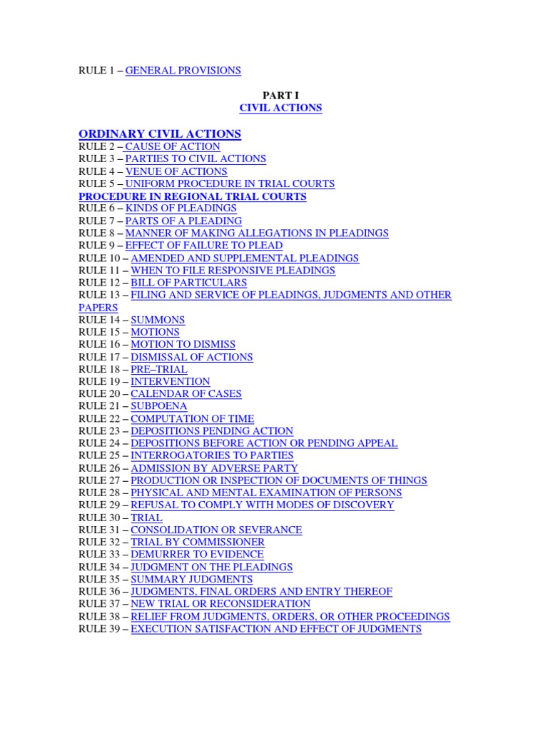 Rules of Court Table of Contents PDF Pleading Lawsuit