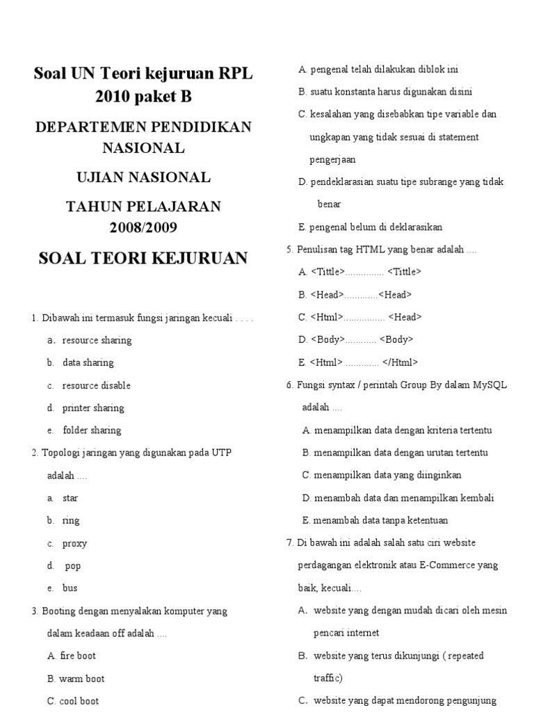 Soal  UN  Teori Kejuruan RPL  2020 Paket B  Soal  UN  Teori Kejuruan RPL  2020 Paket B