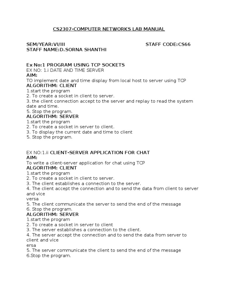 Cs2307-Computer Networks Lab Manual | PDF | Transmission Control ...