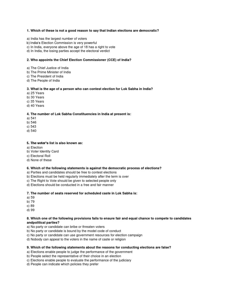 objective questions based on Elections Elections Voting