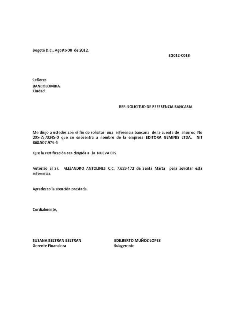 Carta Ref Bancaria Bancario Bancos
