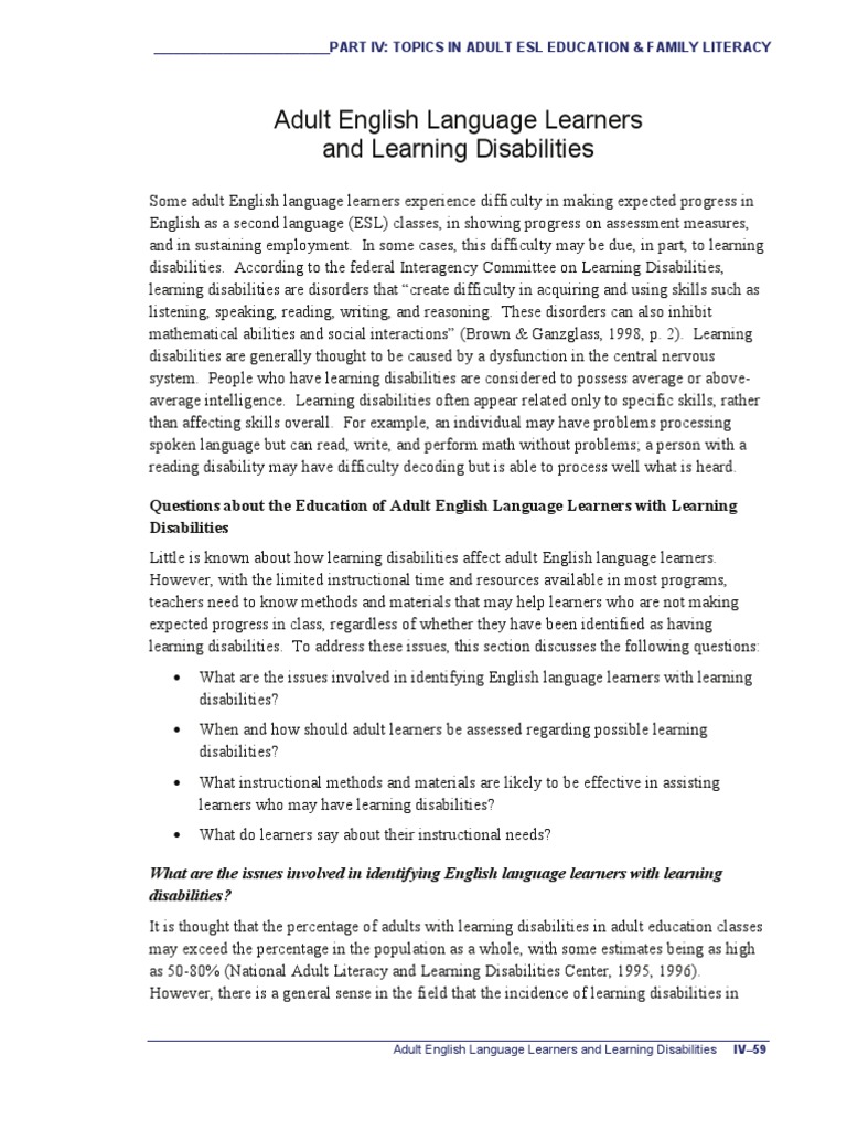 Adult English Language Learners And Learning Disabilities Pdf