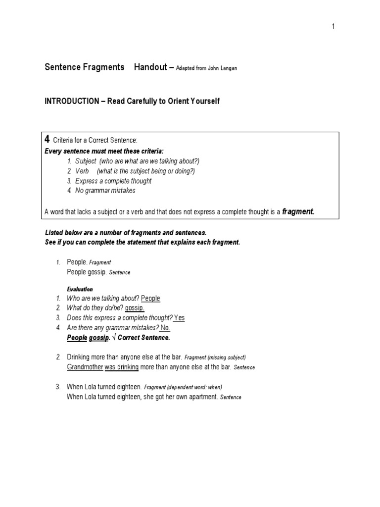 worksheet Sentence Fragments Worksheet sentence fragments worksheet linguistics verb