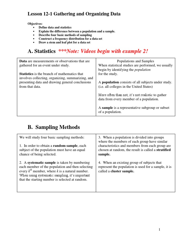 Gathering and Organizing Data Statistics Sampling (Statistics)