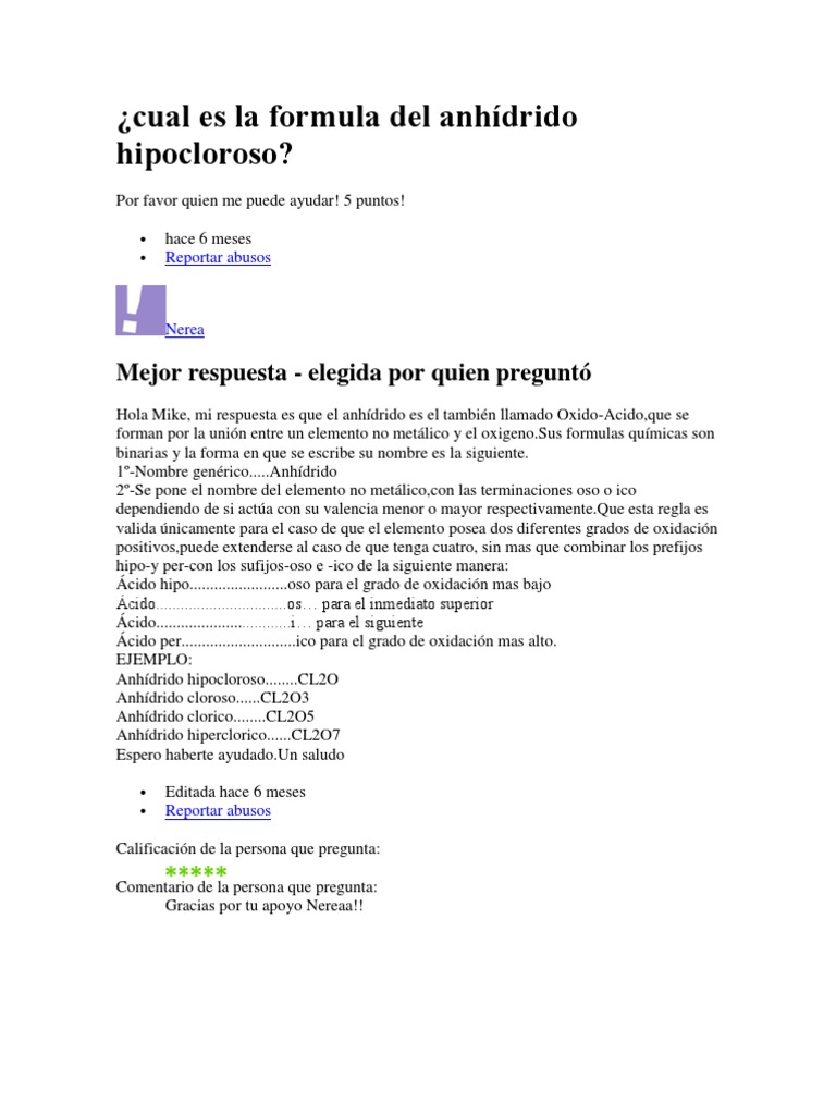 Cual Es La Formula Del Anhidrido Hipocloroso Compuestos Quimicos Sustancias Quimicas