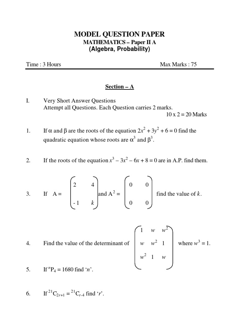 Intermediate Maths Model Question Paper | PDF | Logarithm | Equations