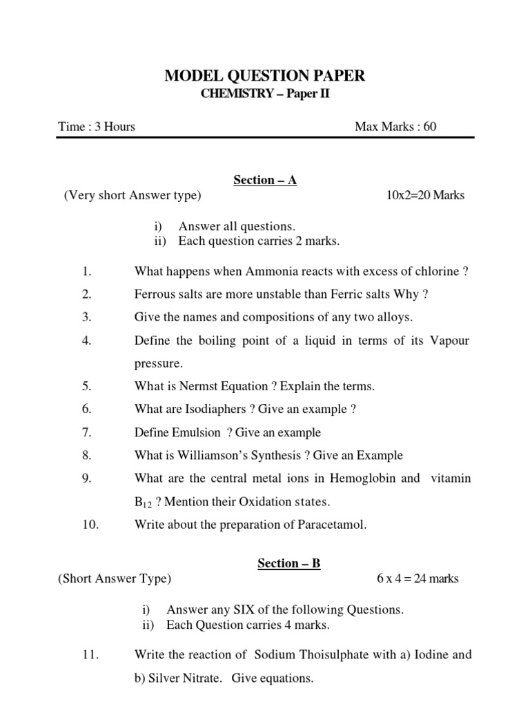 2nd Year Chemistry Model Question Paper | PDF | Ammonium | Chemistry