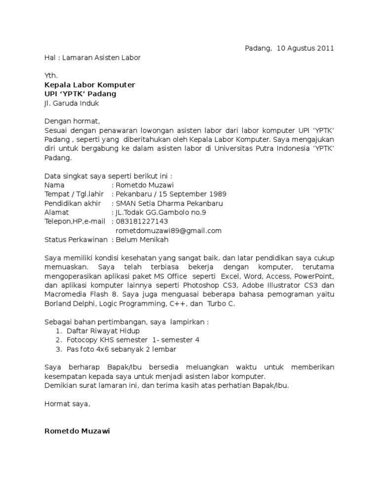 Surat Lamaran Asisten Lab