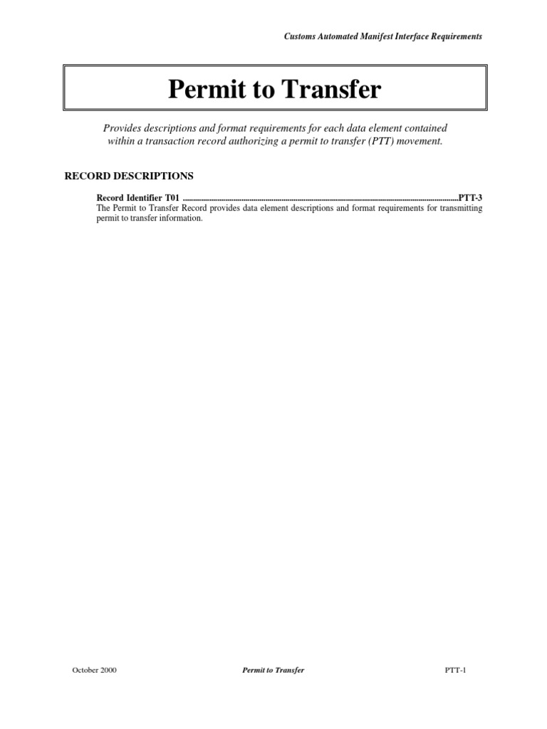 Permit To Transfer (PTT) Bill Of Lading Identifier