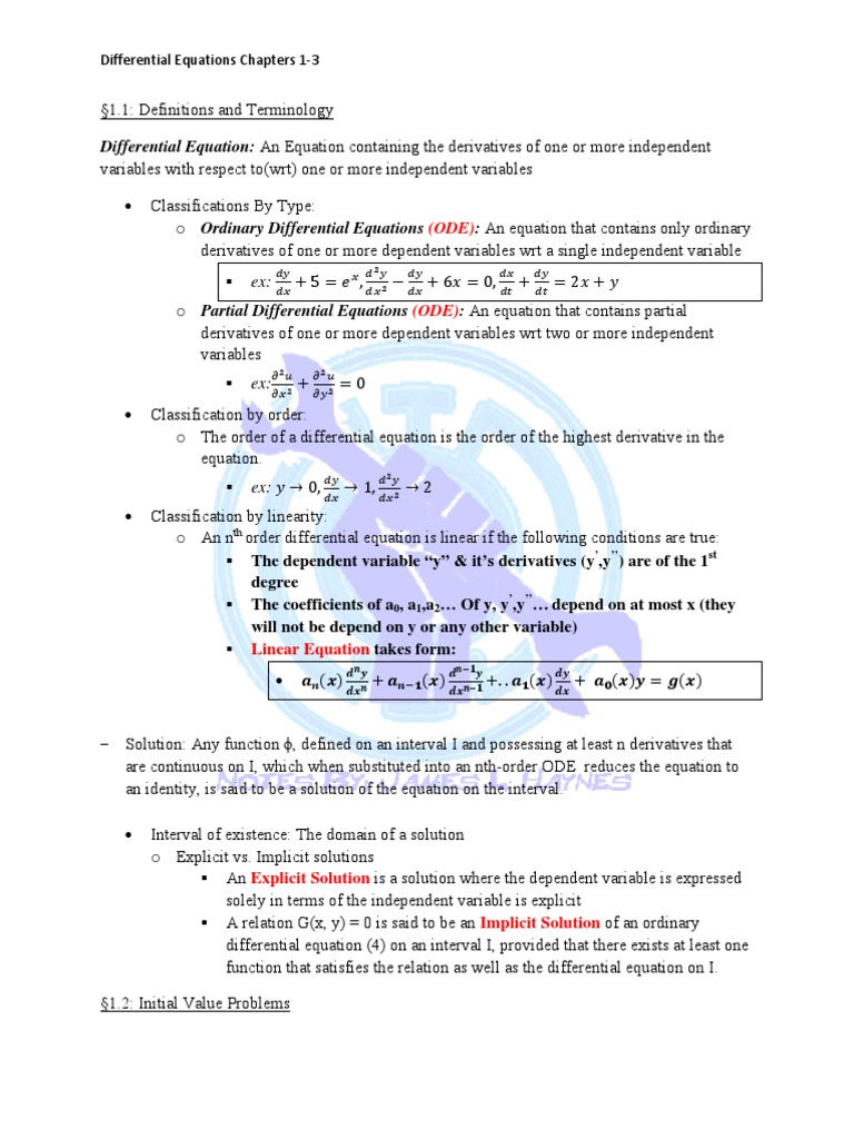 Differential Equations Notes Chapters 13 PDF Ordinary Differential