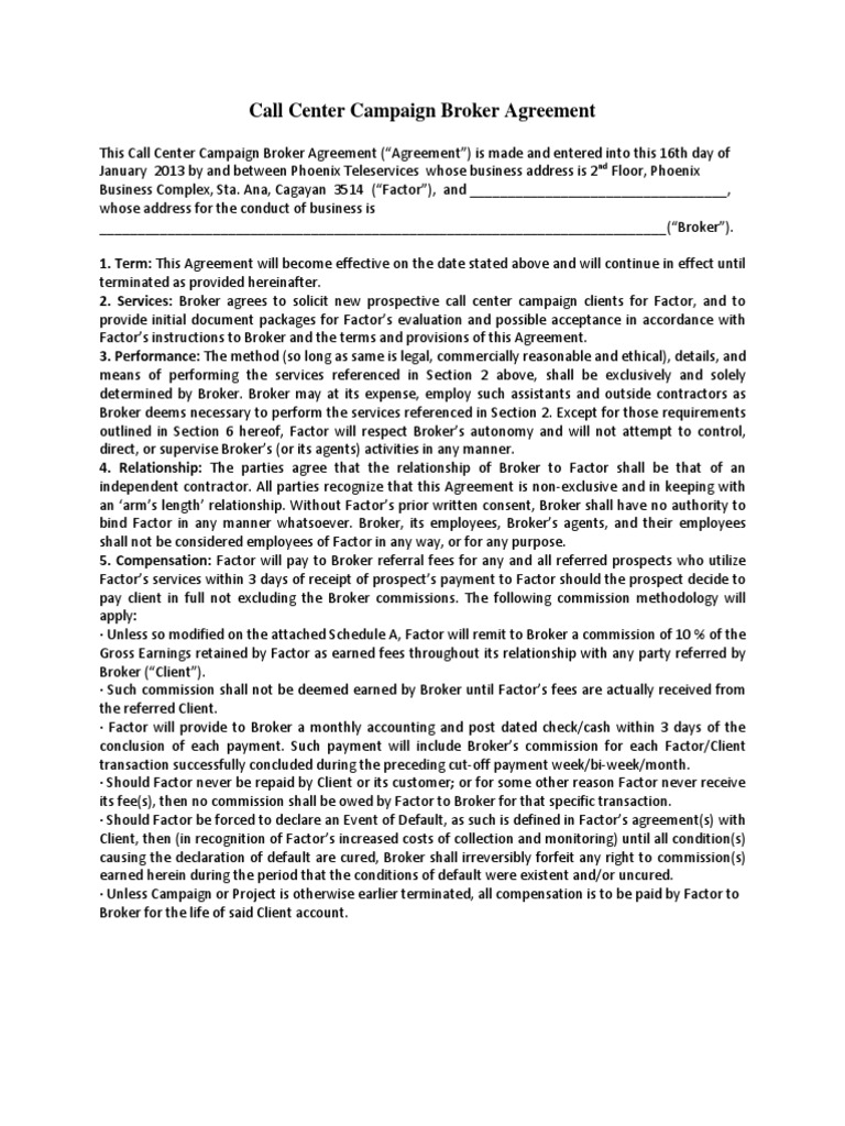 Call Center Broker Agreement Template | PDF | Law Of Agency ...