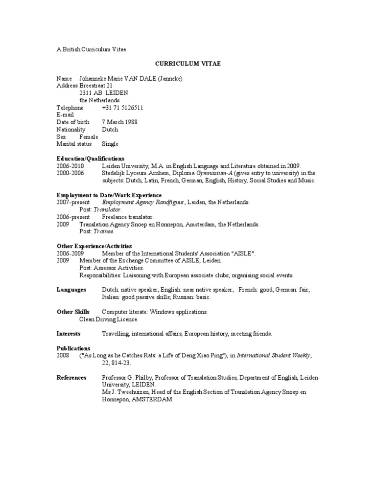 British CV Example PDF