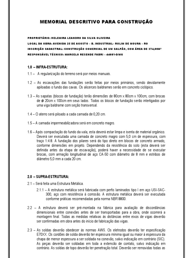 Memorial Descritivo Construcao Estrutura Metalica | PDF | Tinta | Aço