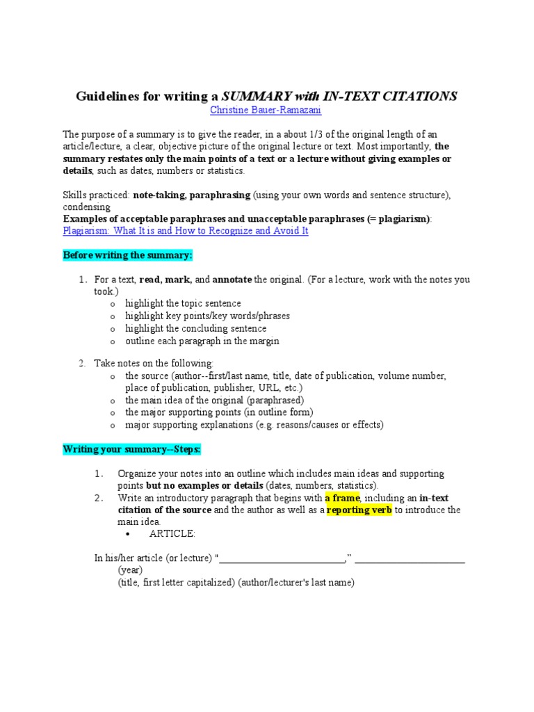 Guidelines For Writing A SUMMARY  Citation  Sentence (Linguistics)