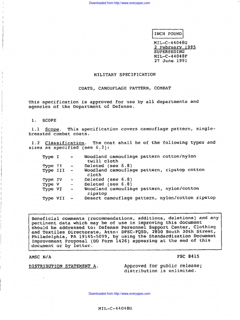 Military Specification for Combat Coats | PDF | Seam (Sewing) | Textiles