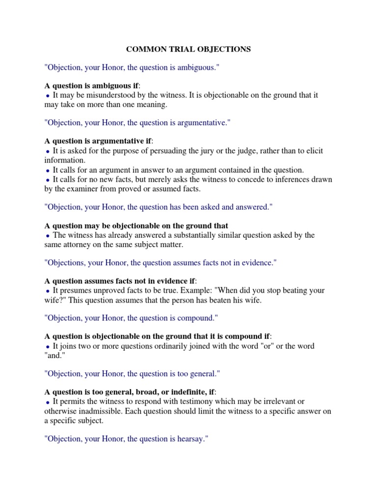 Common Objections in Trial Practice | PDF | Hearsay | Witness