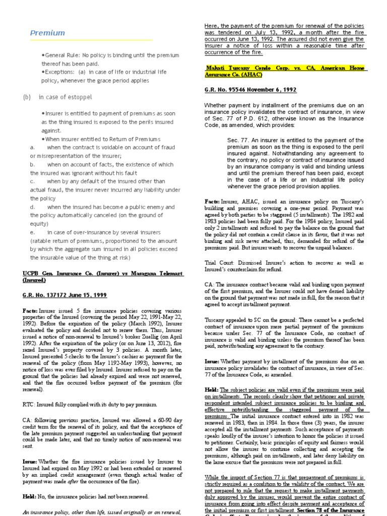 Payment of Insurance Premiums Installments vs. Full Payment PDF Insurance Insurance Policy