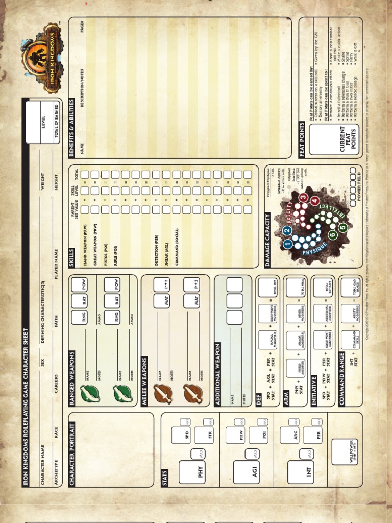 Iron Kingdoms Character Sheet Tabletop Games Role Playing Games