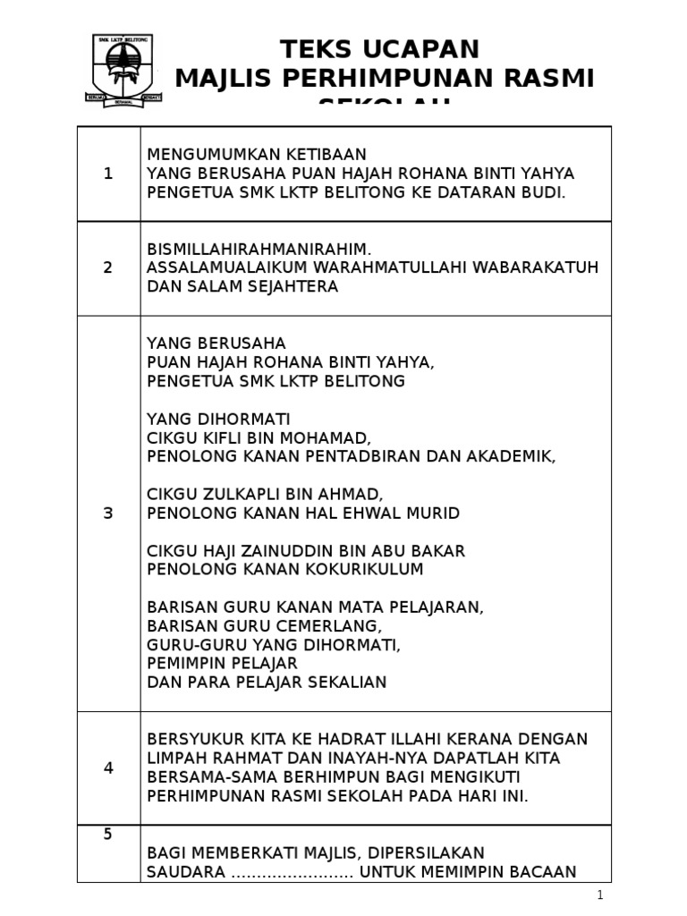Teks Ucapan Perhimpunan Sekolah