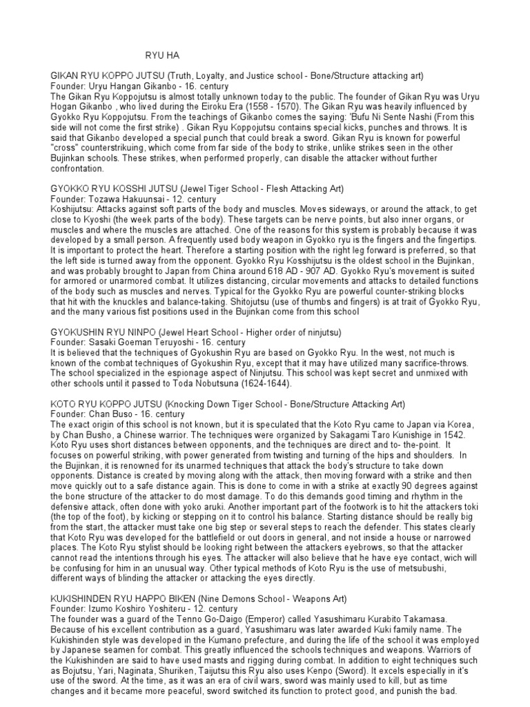 66428802 Bujinkan 9 Ryu Ha Densho Techniques Notes Jujutsu East Asian Martial Arts