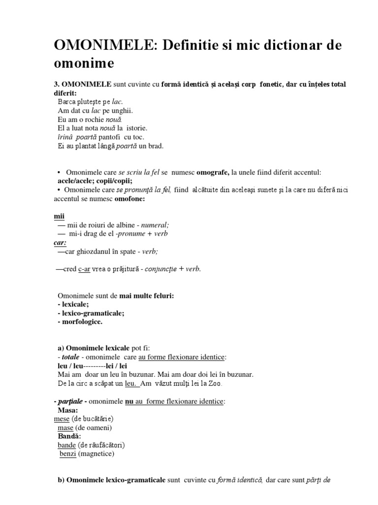 Omonimele Definitie Si Mic Dictionar De Omonime Pdf