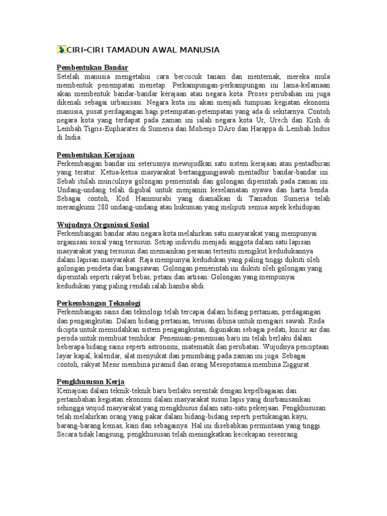 Ciri Ciri Tamadun Awal Pdf