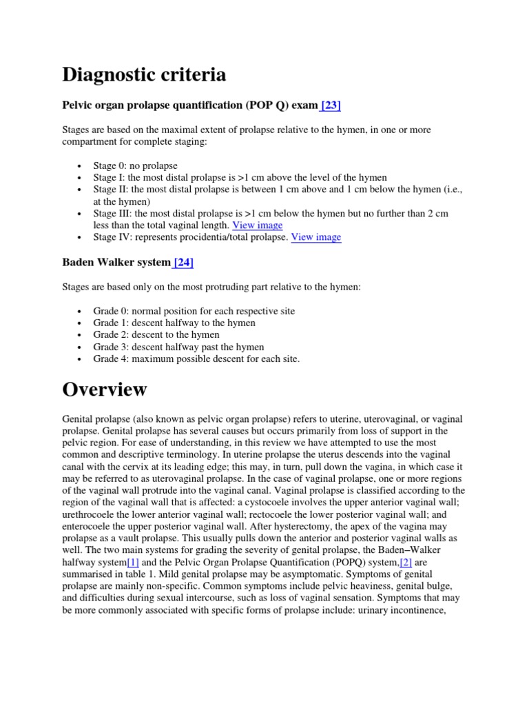 Diagnostic Criteria Pelvic Organ Prolapse Quantification (POP Q) Exam