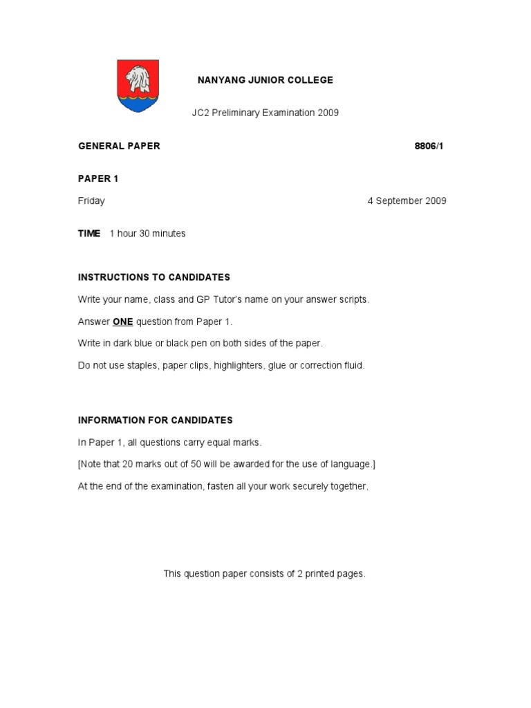 JC2 General Paper Exam Questions 2009 | PDF