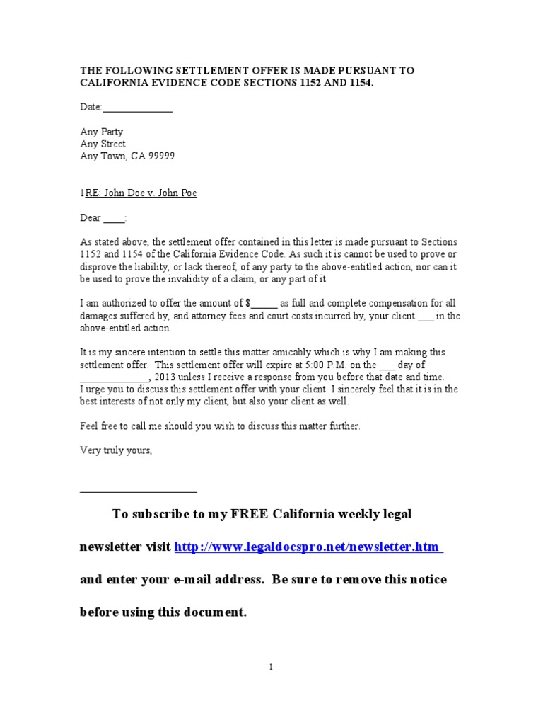 Sample California Settlement Offer Letter