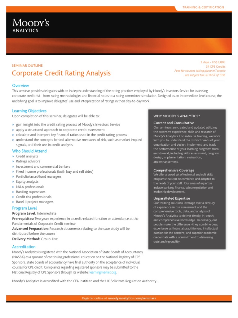 Moody's Seminars Corporate Credit Rating Analysis Moody's Investors