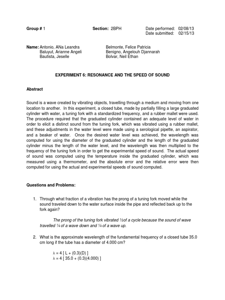 Formal Report (Resonance and Speed of Sound) | PDF