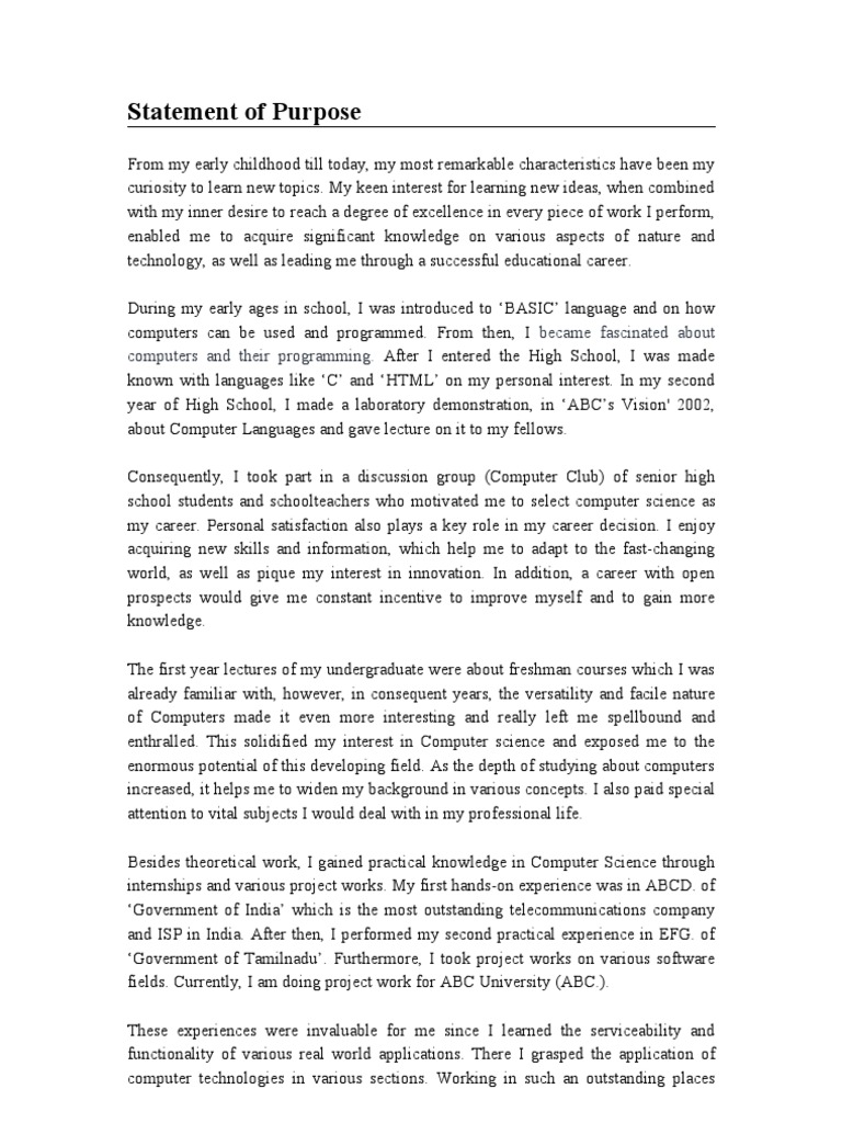 Computer Science Statement of Purpose | PDF